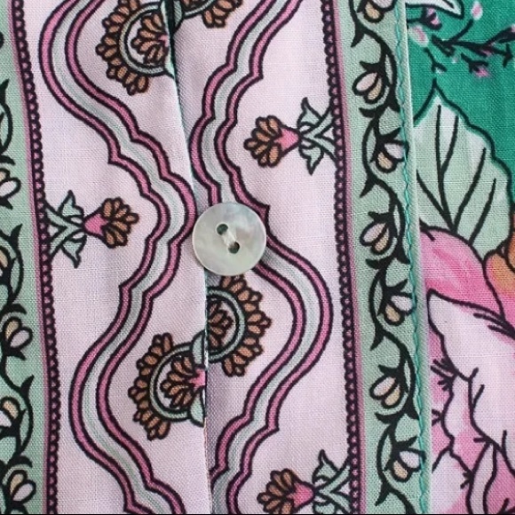 Bohemian Green & Pink Floral Peasant Blouse Top - Picture 5 of 6